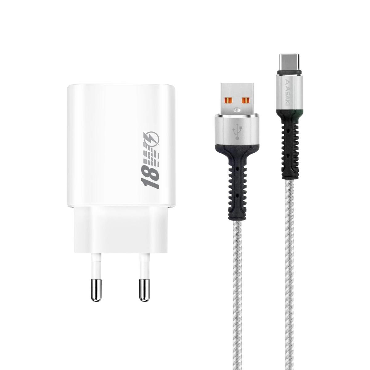 ASAKI ชุดสายชาร์จ USB-A TO TYPE-C สีขาว รุ่นA-2228