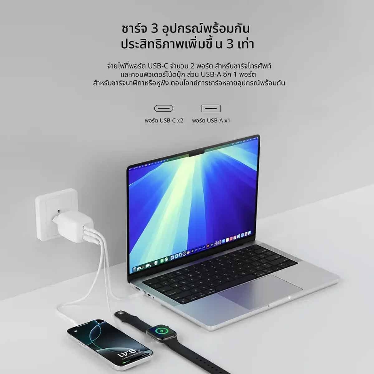 Belkin Boost Charge Pro (100W) 3-Port GaN Wall Charger (ที่ชาร์จติดผนัง) - สีขาว