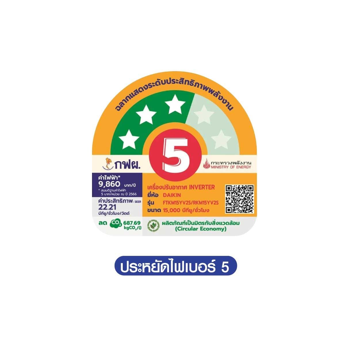 DAIKIN KM series แอร์เครื่องปรับอากาศ 15000BTU เบอร์ 5 3 ดาว รุ่น FTKM15YV2S