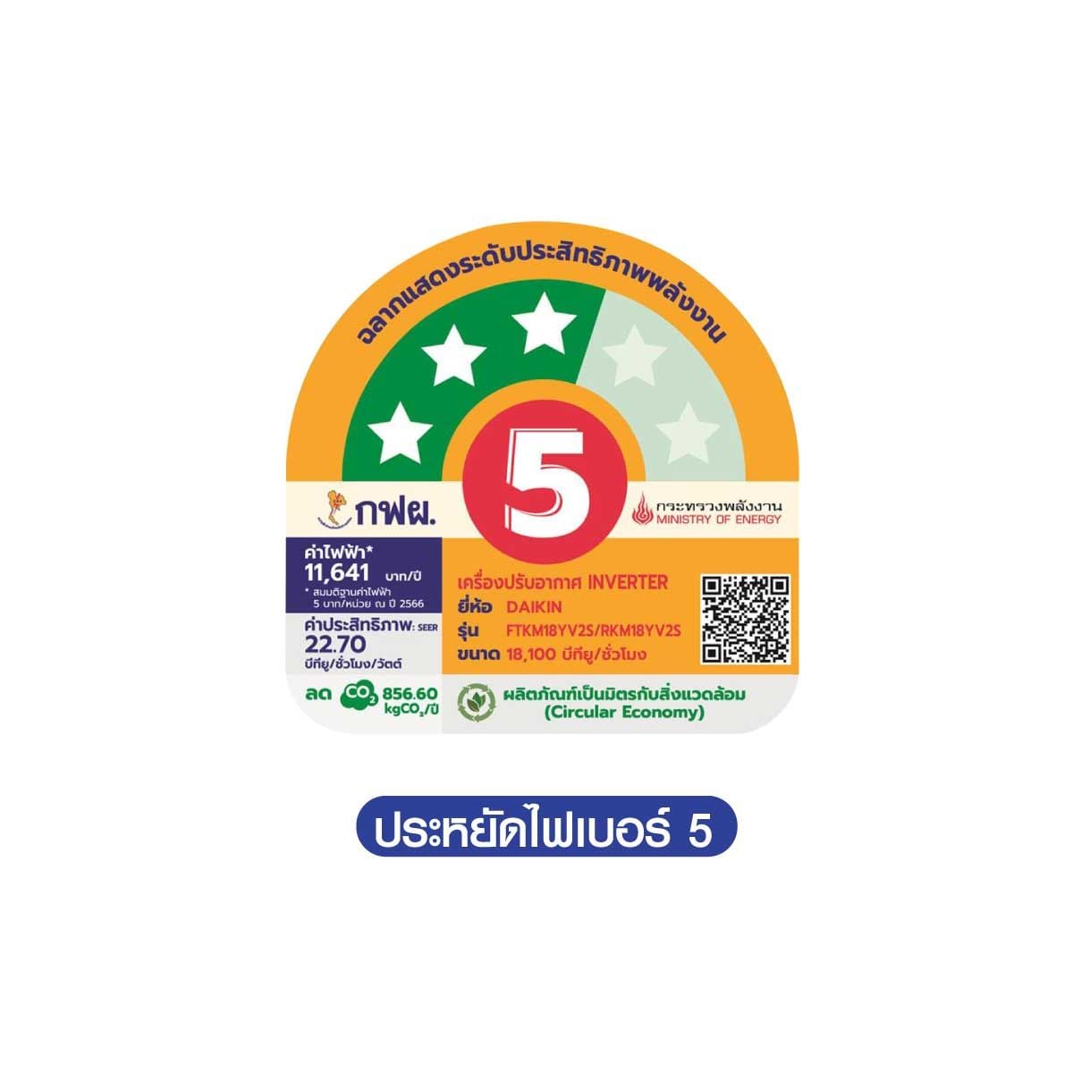 DAIKIN KM series แอร์เครื่องปรับอากาศ 18100BTU เบอร์ 5 3 ดาว รุ่น FTKM18YV2S