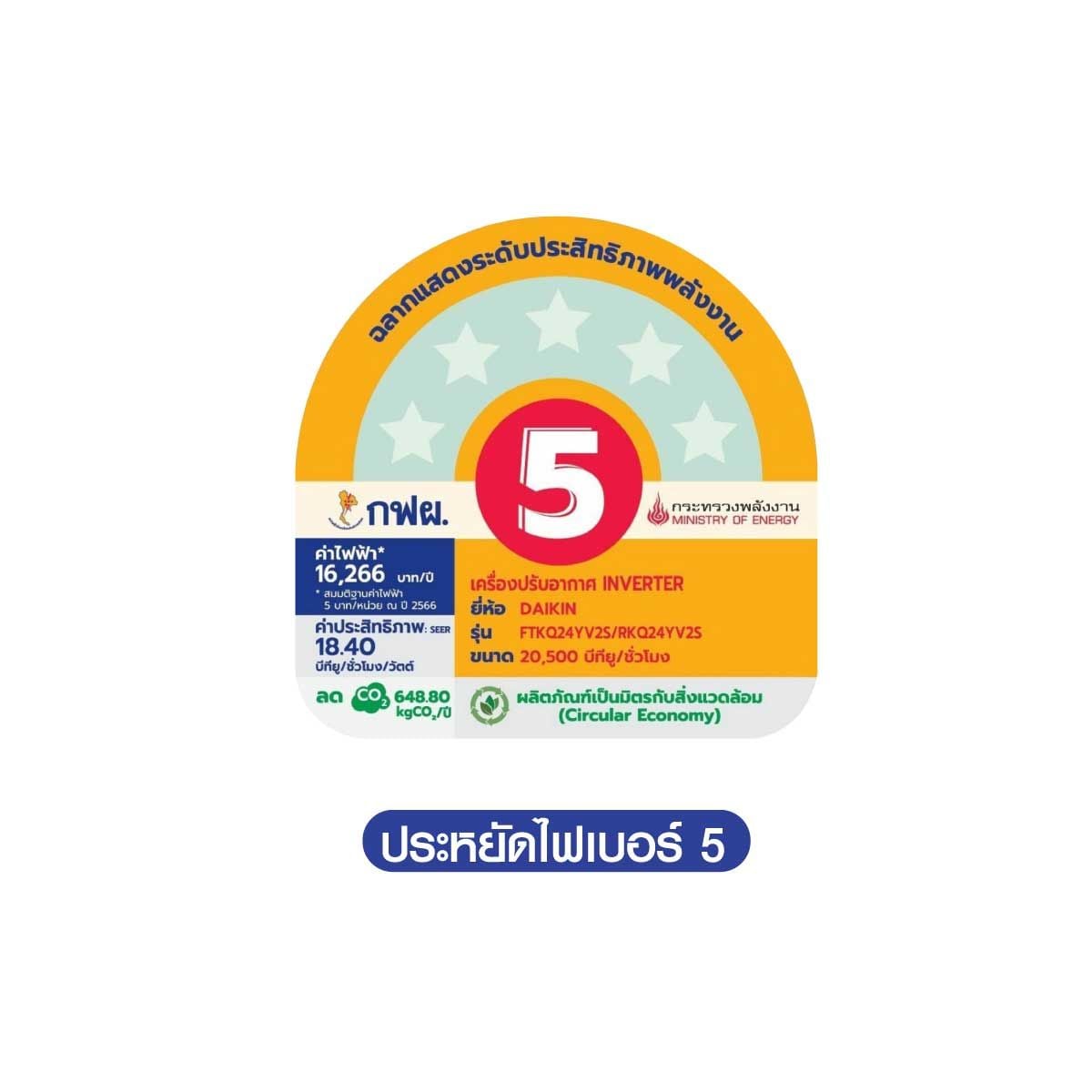 DAIKIN เครื่องปรับอากาศ 20,500 BTU INVERTER เบอร์5 1 ดาวรุ่น FTKQ24YV2S