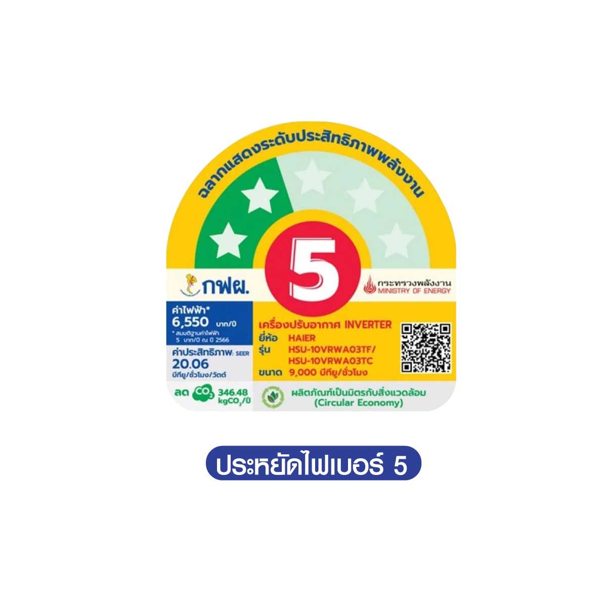 Haier แอร์เครื่องปรับอากาศติดผนัง 9,000 BTU WIFIเบอร์5(2ดาว) INVERTER รุ่น HSU-10VRWA03T