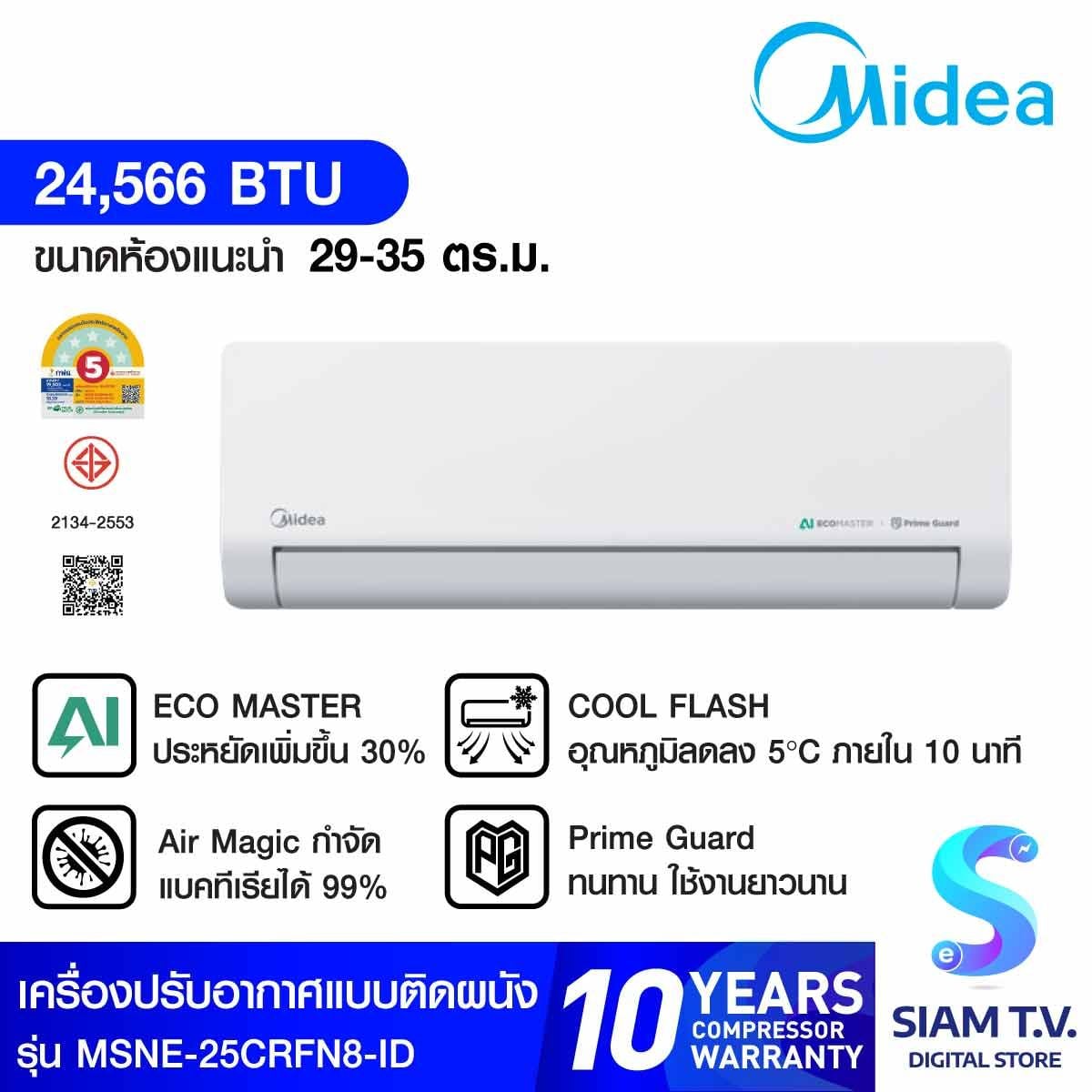 MIDEA เครื่องปรับอากาศ ติดผนัง 24566 BTU NUMEN เบอร์ 5  รุ่น MSNE-25CRFN8-ID