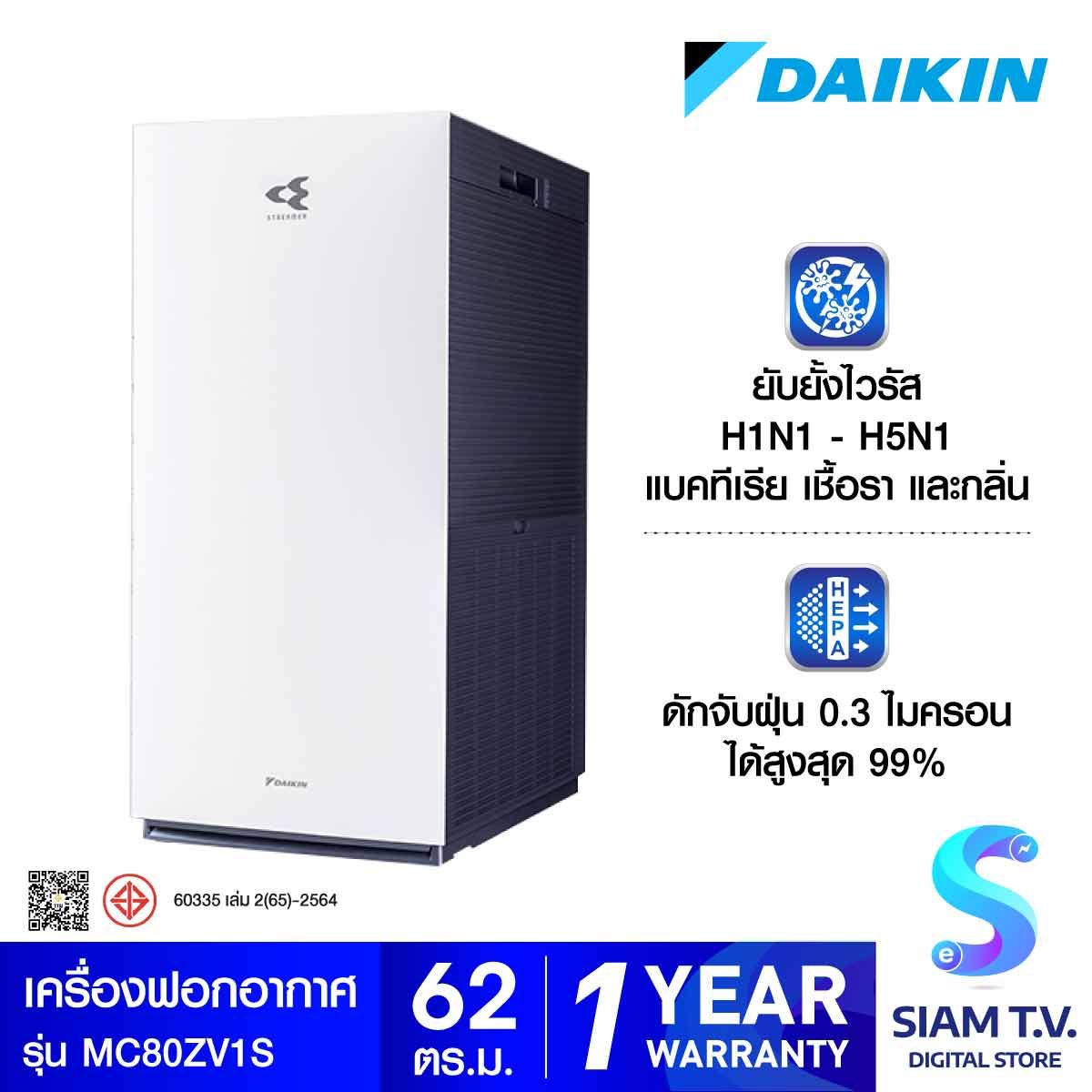 DAIKIN เครื่องฟอกอากาศ 62ตร.ม.PM2.5 รุ่น MC80ZV1S