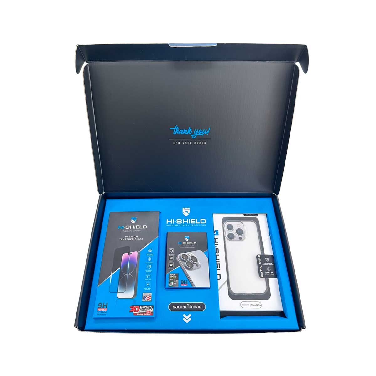 HI-SHIELD Boxset1 iPhone 15 Pro ( 3DTS+LENS1+Crystal case+กระเป๋า )