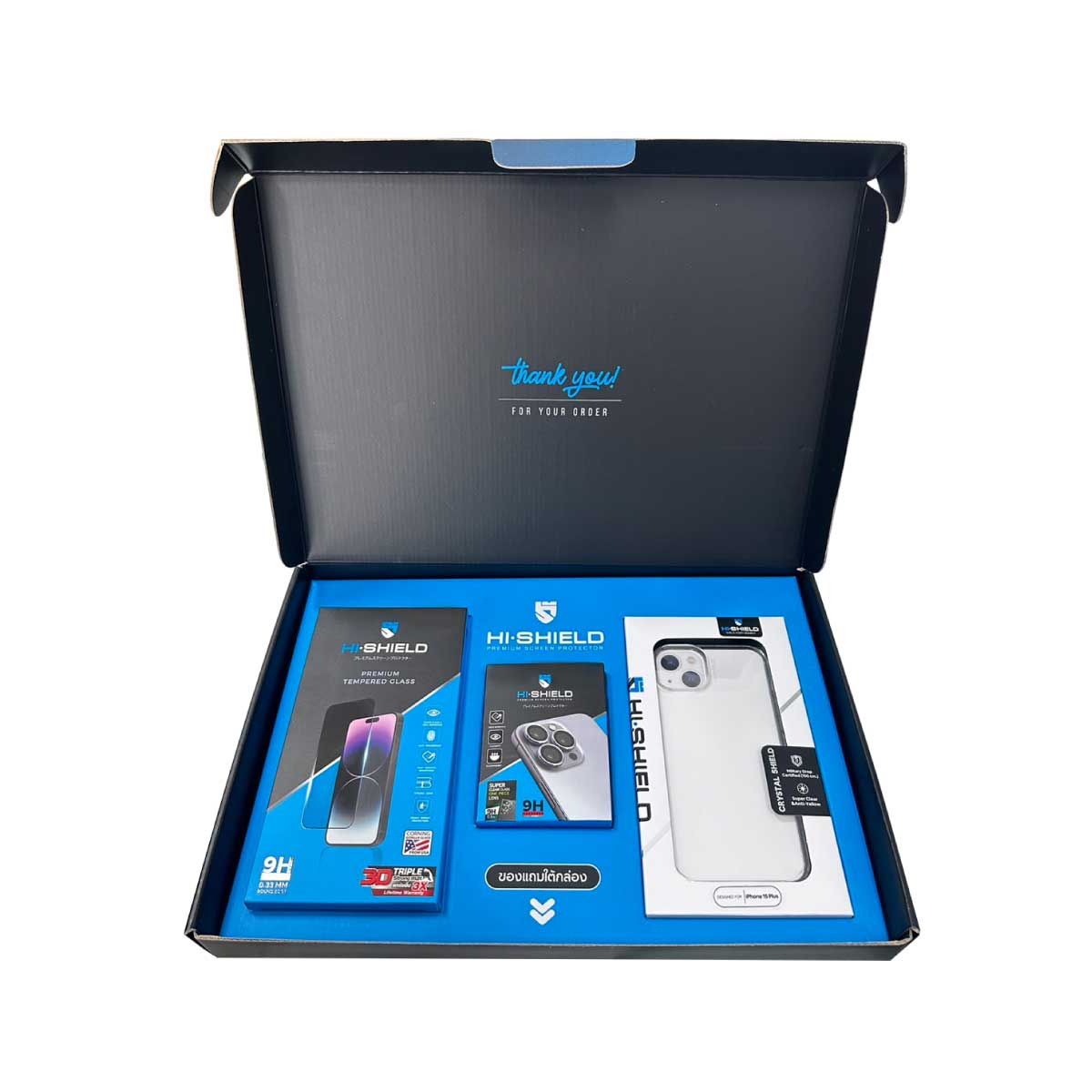 HI-SHIELD Boxset1 iPhone15 Plus ( 3DTS + LENS1 + Crystal case + กระเป๋า)