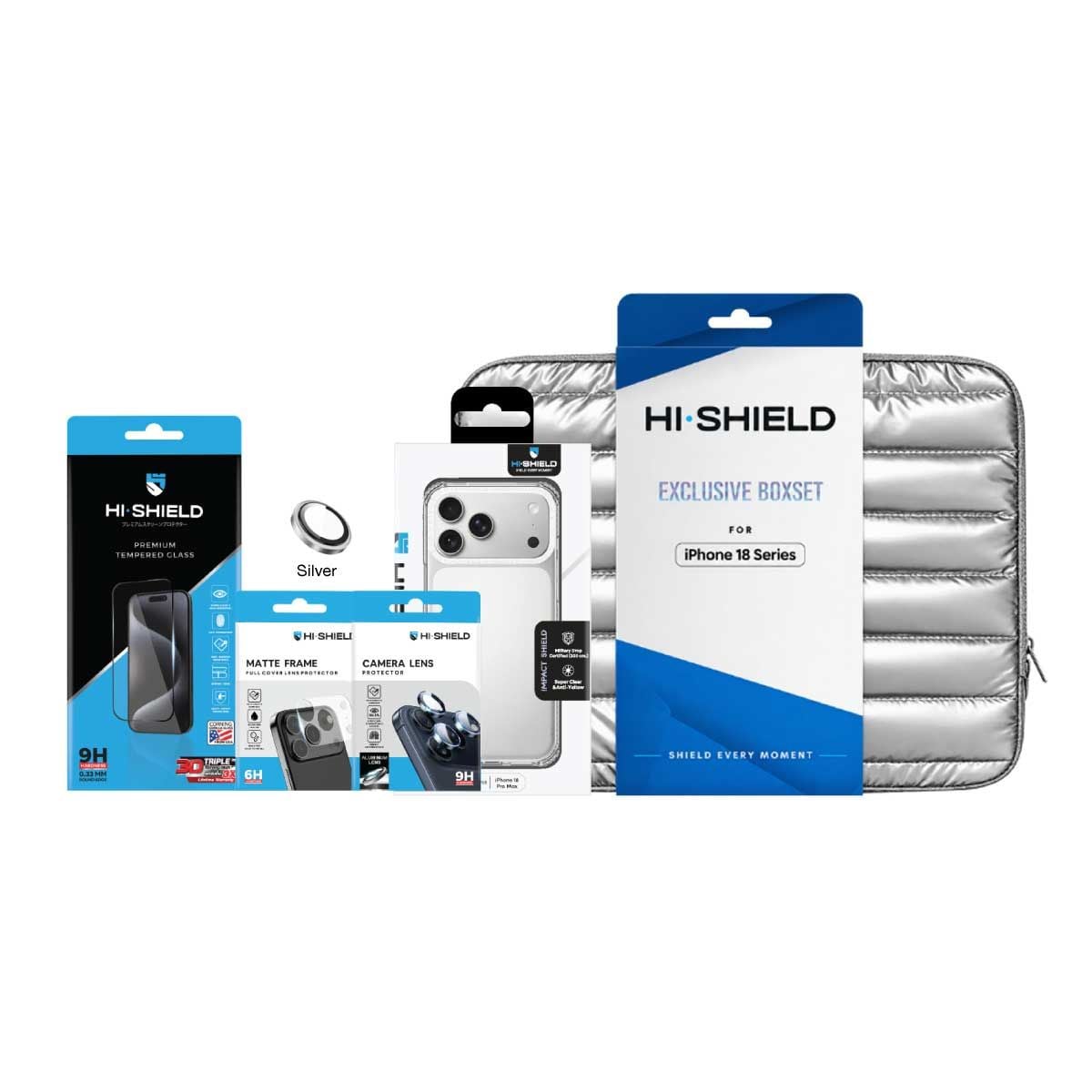 Hi-Shield BOXSET2 iPhone 18 Pro Max (ฟิล์มกระจก+อะลูมิเนียมเลนส์สีเงิน+Frame Lens แบบด้าน+Case+กระเป๋า)