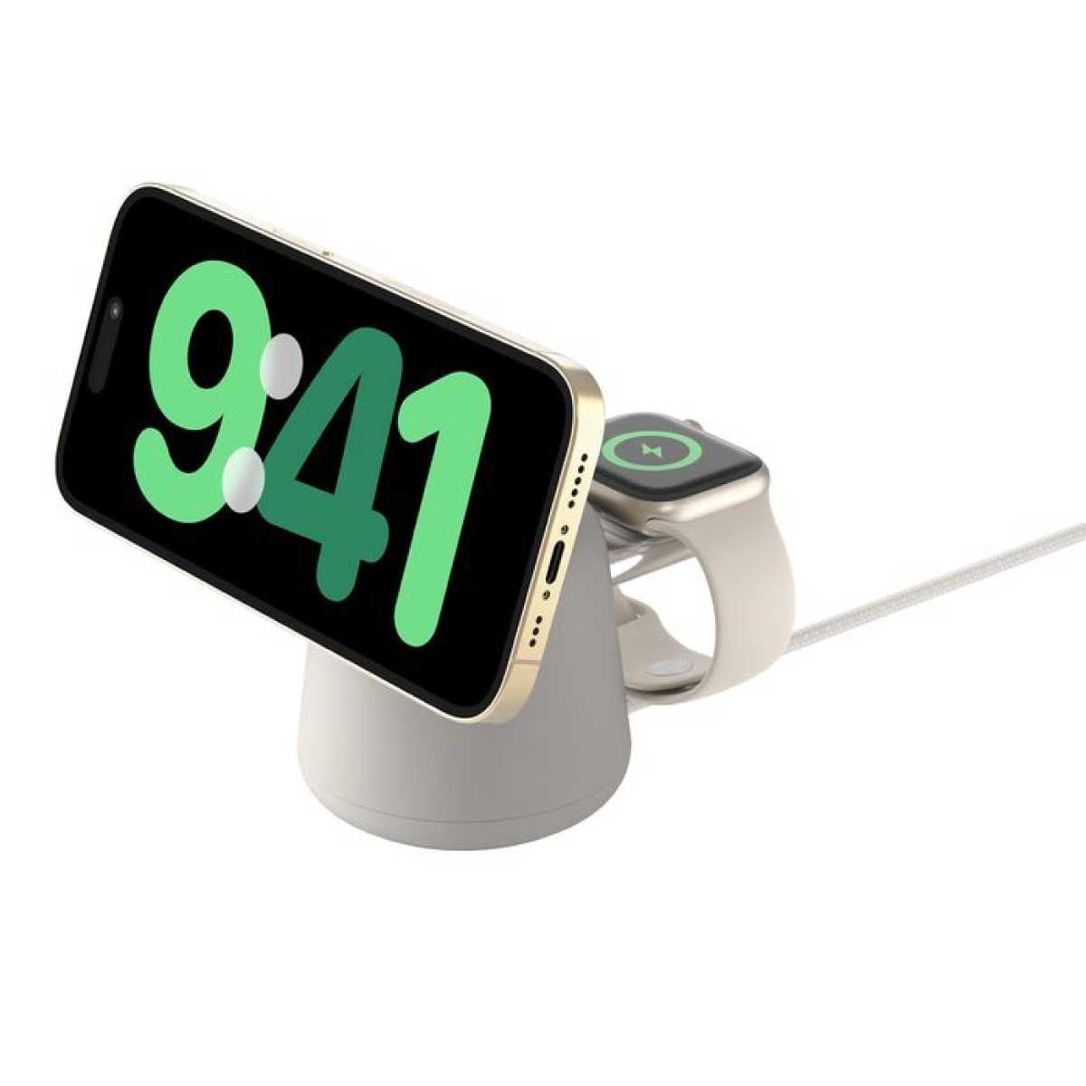 Belkin Wireless Charging Dock (แท่นชาร์จไร้สาย) 2 in 1 ชาร์จเร็วเทคโนโลยี Magsafe - สีเบจ