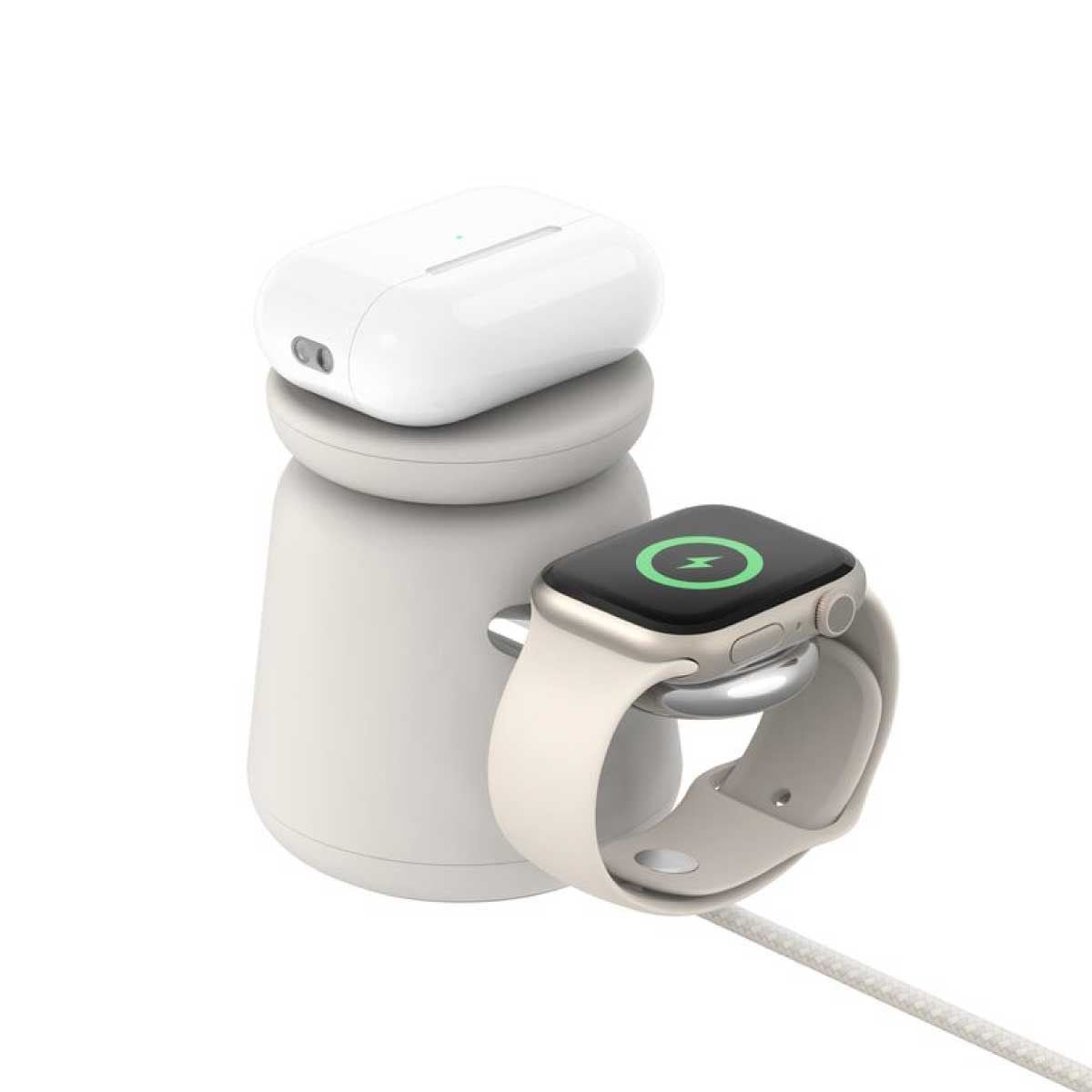 Belkin Wireless Charging Dock (แท่นชาร์จไร้สาย) 2 in 1 ชาร์จเร็วเทคโนโลยี Magsafe - สีเบจ