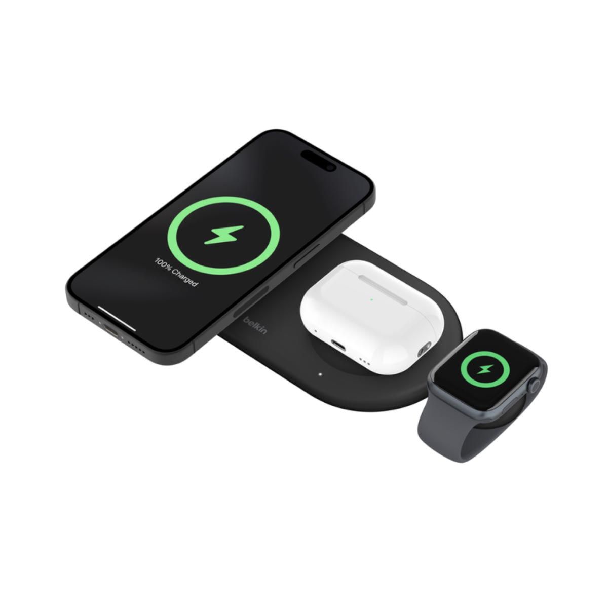 belkin แท่นชาร์จไร้สายแบบพับได้ 3-in-1 พร้อม Qi2 Wireless 15W  สีดำ