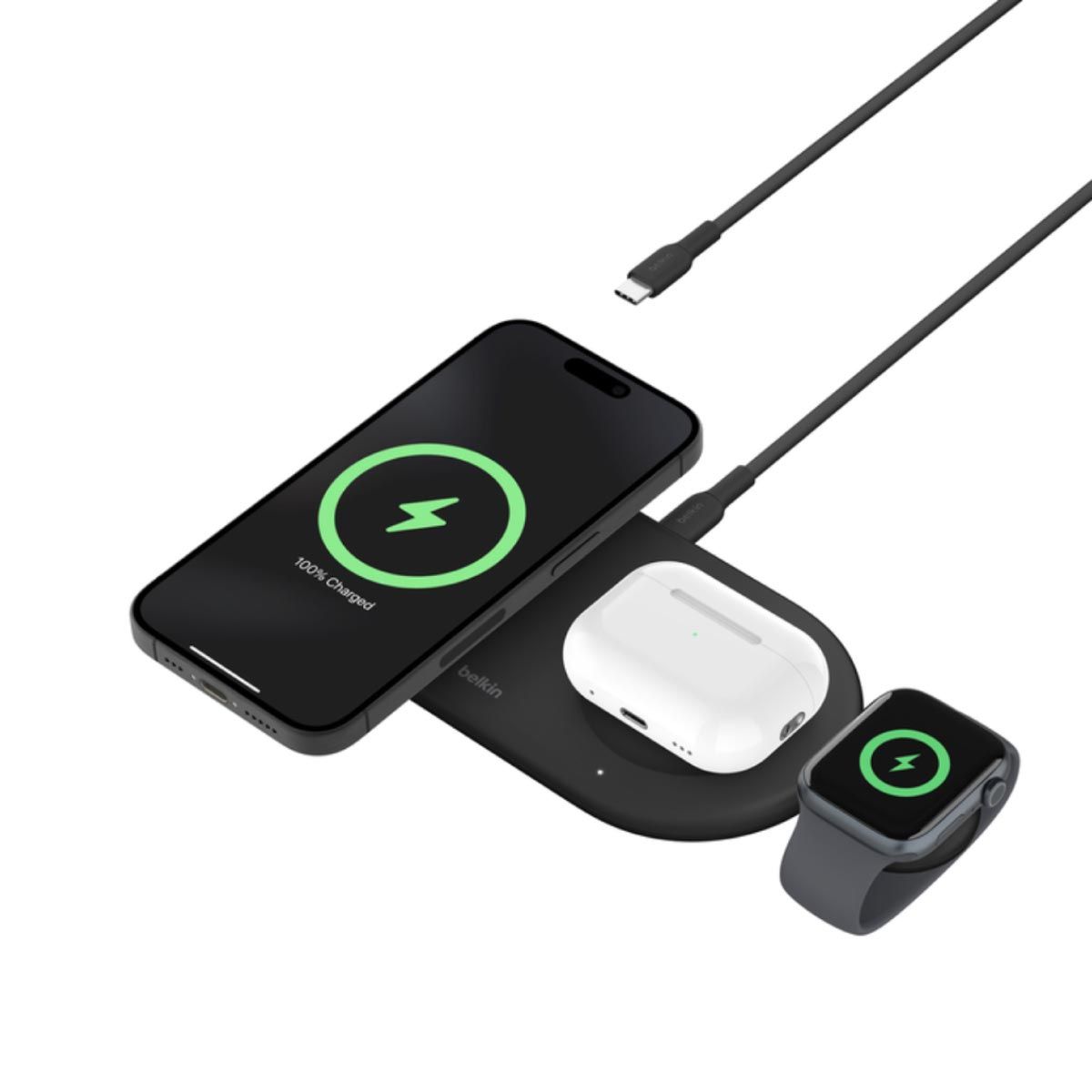 belkin แท่นชาร์จไร้สายแบบพับได้ 3-in-1 พร้อม Qi2 Wireless 15W  สีดำ