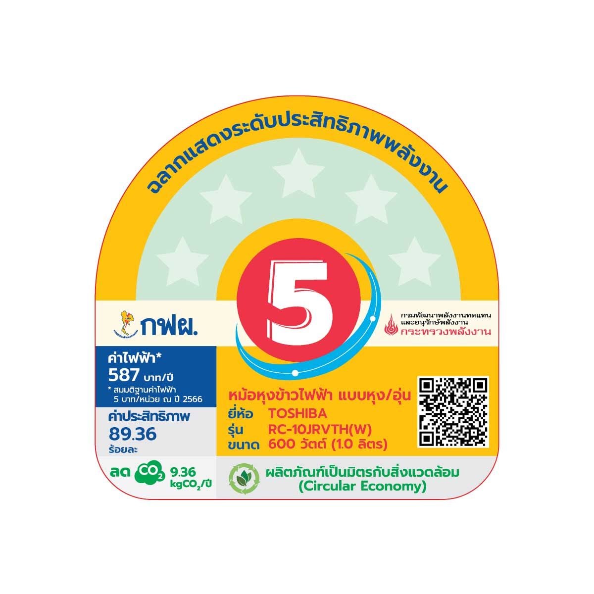 TOSHIBA หม้อหุงข้าว 1.0 ลิตร รุ่น RC-10JRVTH(W)