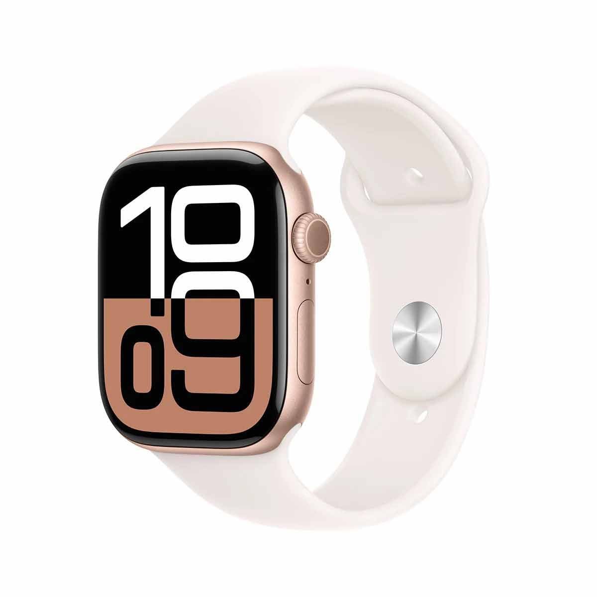 Apple Watch Series 10 GPS ตัวเรือนอะลูมิเนียม สีโรสโกลด์ 46 มม. สายแบบ Sport Band สีชมพูบลัช ขนาด M/L