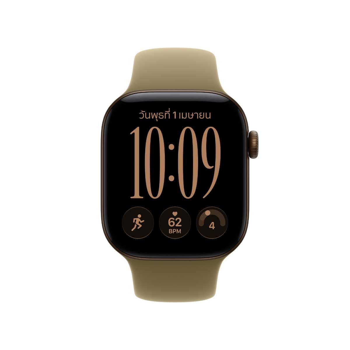 Apple Watch Series 12 รุ่น GPS ตัวเรือนอะลูมิเนียม สีบรอนซ์เข้ม 42 มม. สายแบบ Sport Band สีเขียวมะกอก ขนาด M/L