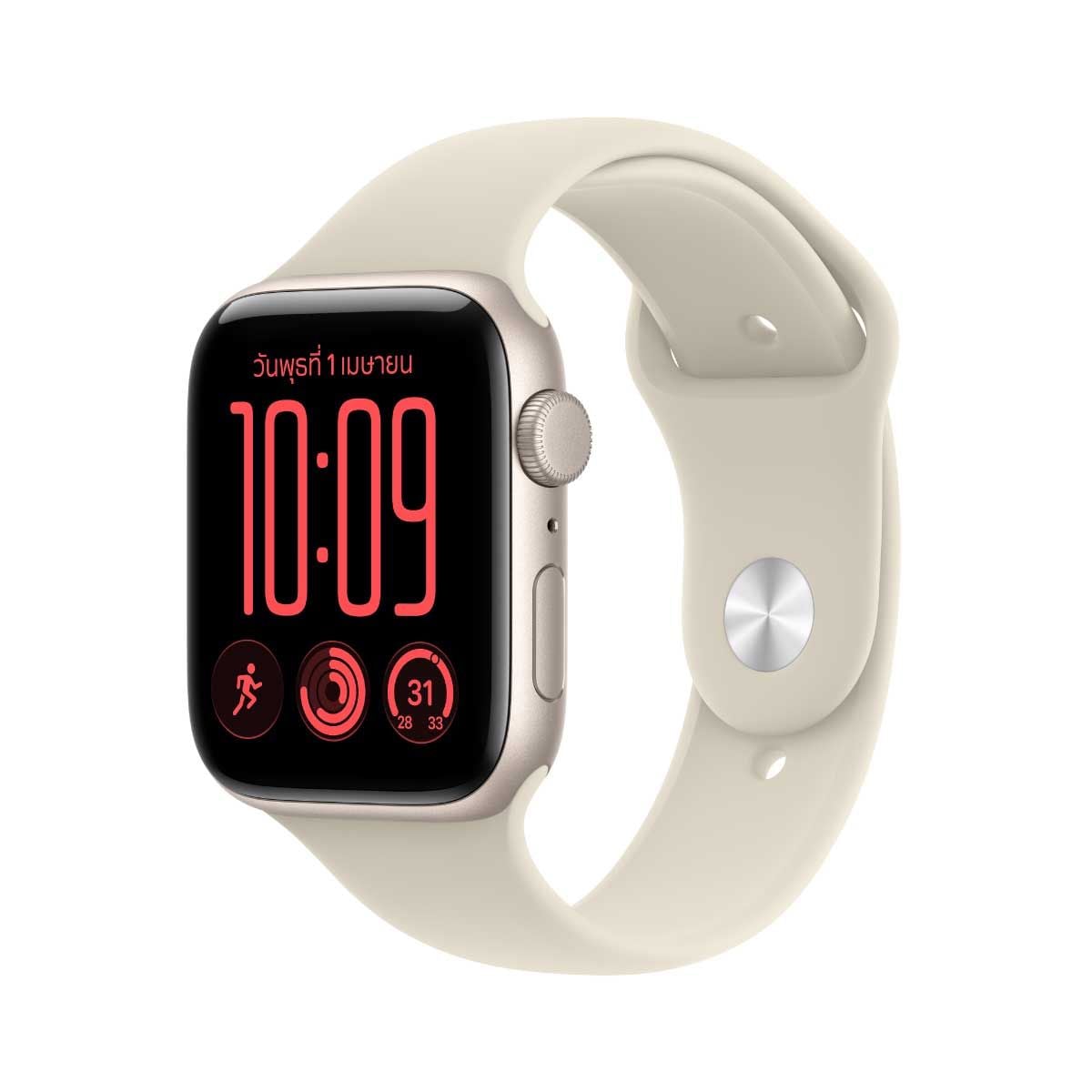 Apple Watch SE 3 รุ่น GPS ตัวเรือนอะลูมิเนียม สีสตาร์ไลท์ 44 มม. สายแบบ Sport Band สีทราย ขนาด M/L