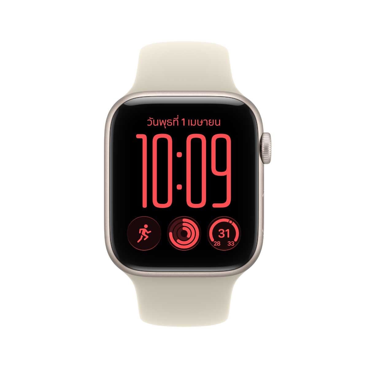 Apple Watch SE 3 รุ่น GPS ตัวเรือนอะลูมิเนียม สีสตาร์ไลท์ 44 มม. สายแบบ Sport Band สีทราย ขนาด M/L