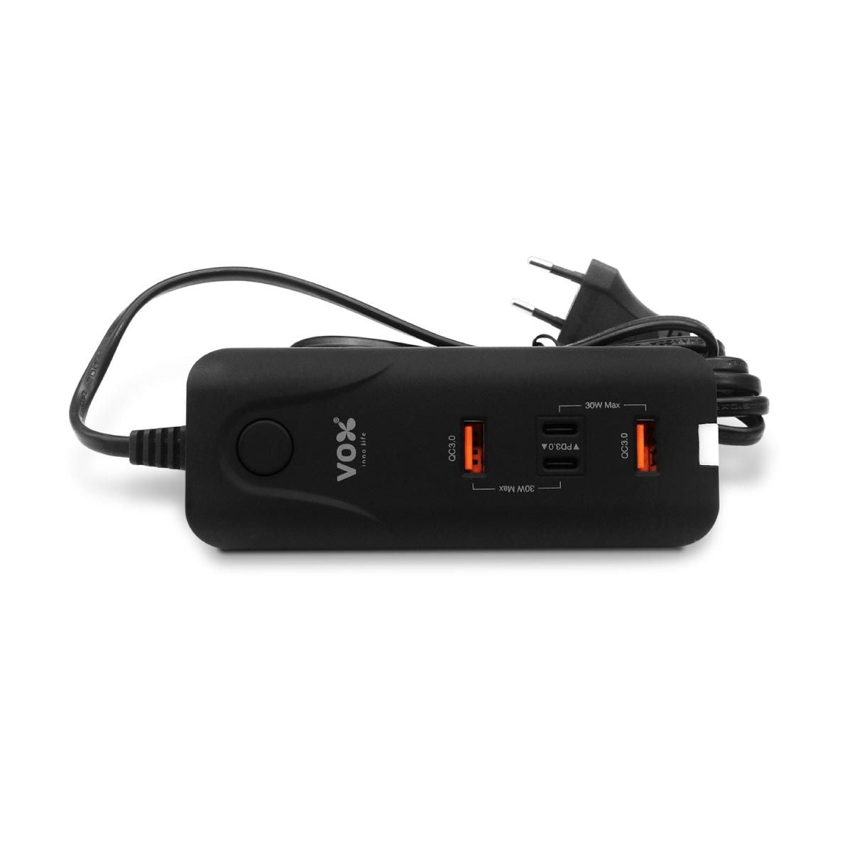 VOX  ปลั๊กVOX 60W 2เมตร 2USB-A QC 3.0/2TYPE-C PD3.0 สีดำ รุ่นF5CAB-VX02-P600