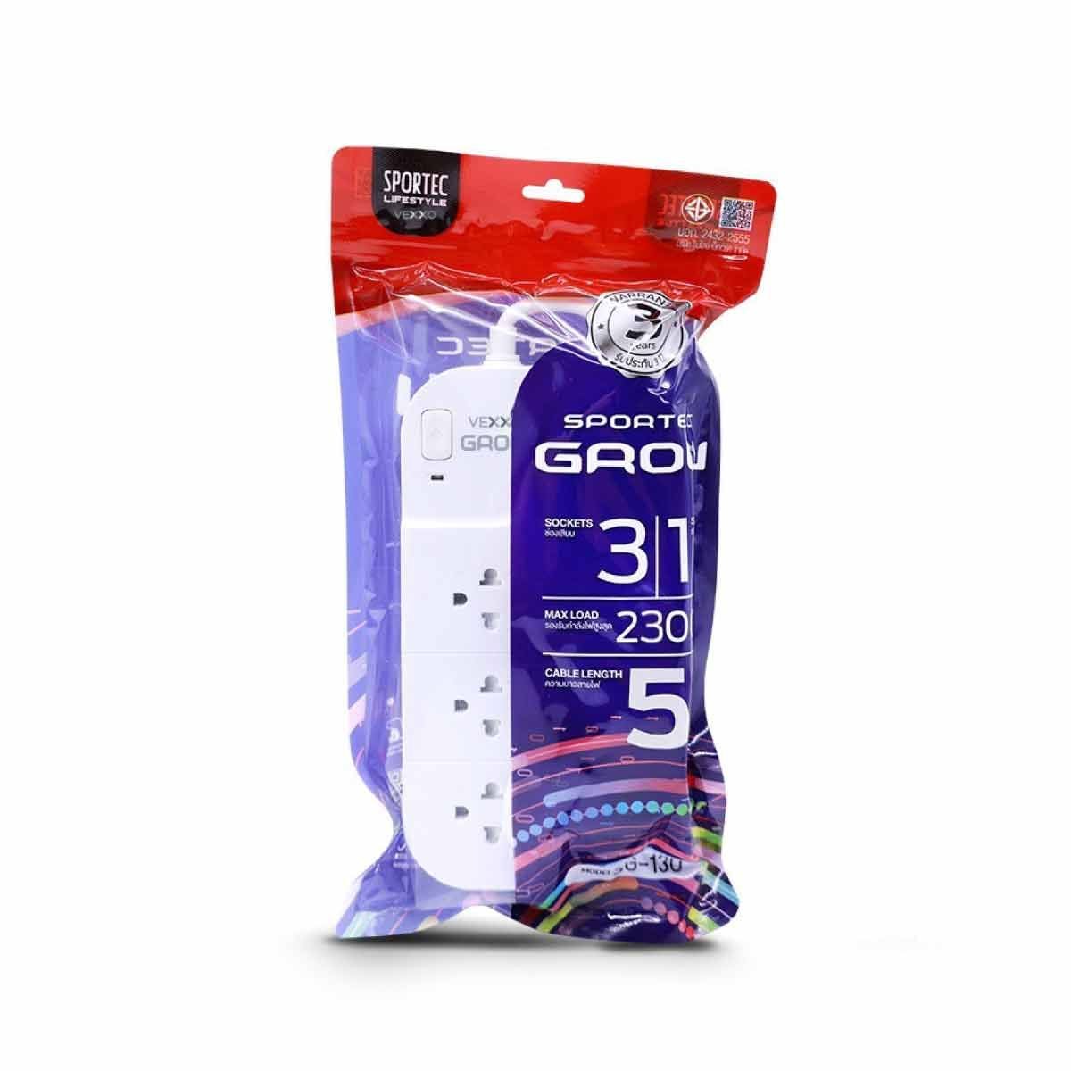 VEXXO ปลั๊กVEXXO สปอร์ตเทคโกลว์ 1สวิตซ์ 3ช่อง สีขาว 5Mรุ่นF5STB-VG01-1302