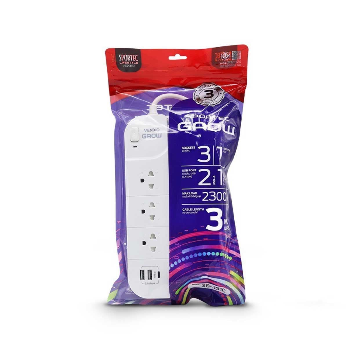 VEXXO ปลั๊กVEXXO สปอร์ตเทคโกลว์ 1สวิตซ์ 3ช่อง 2USB+1TYPE C 3M 2.1A สีขาว รุ่นF5STB-VG01-1331