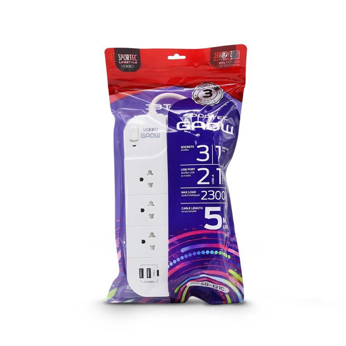 VEXXO ปลั๊กVEXXO สปอร์ตเทคโกลว์ 1สวิตซ์ 3ช่อง 2USB+1TYPE C 5M 2.1A สีขาว รุ่นF5STB-VG01-1332