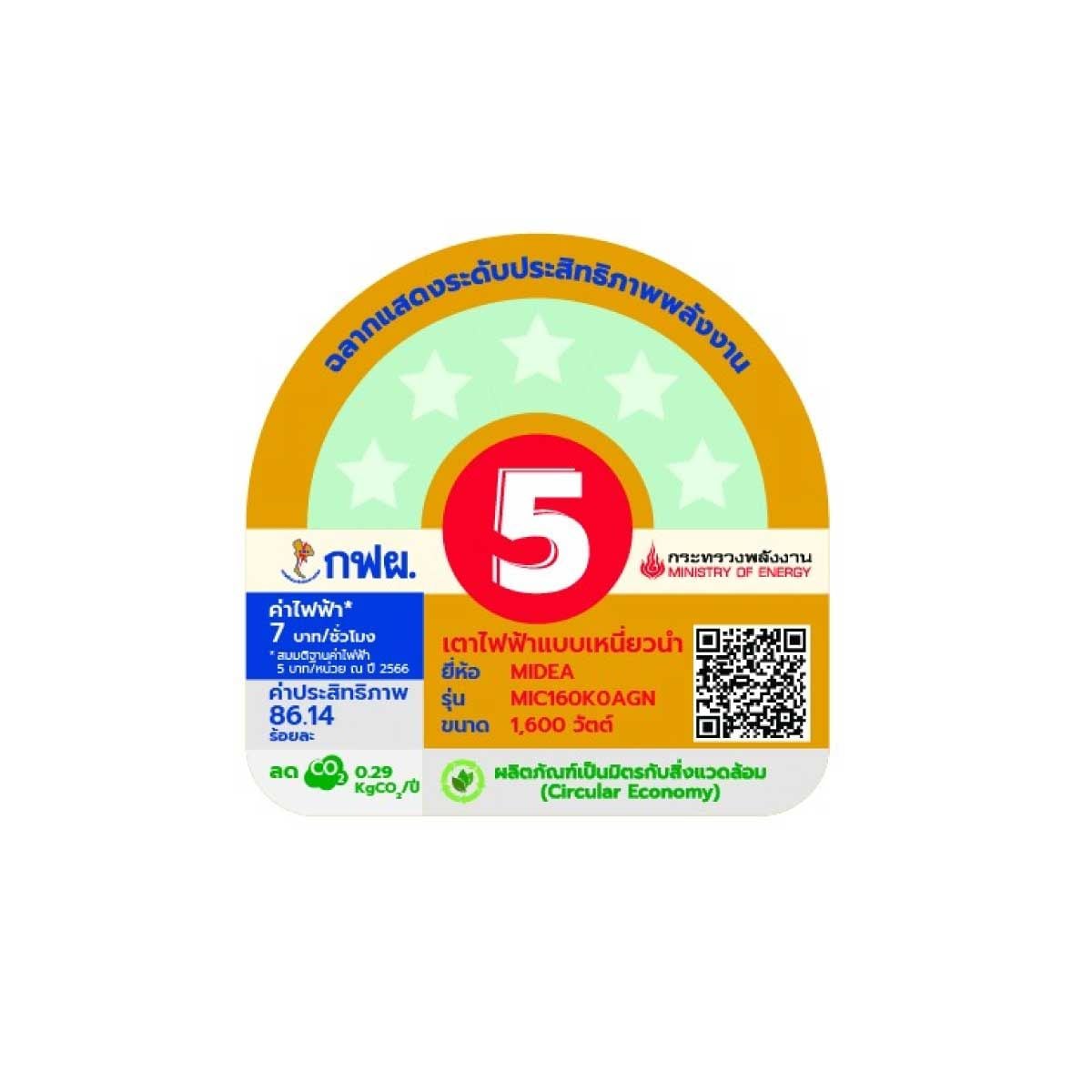 MIDEA  เตาแม่เหล็กดิจิตอล1600W สีทอง รุ่นMIC160K0AGN