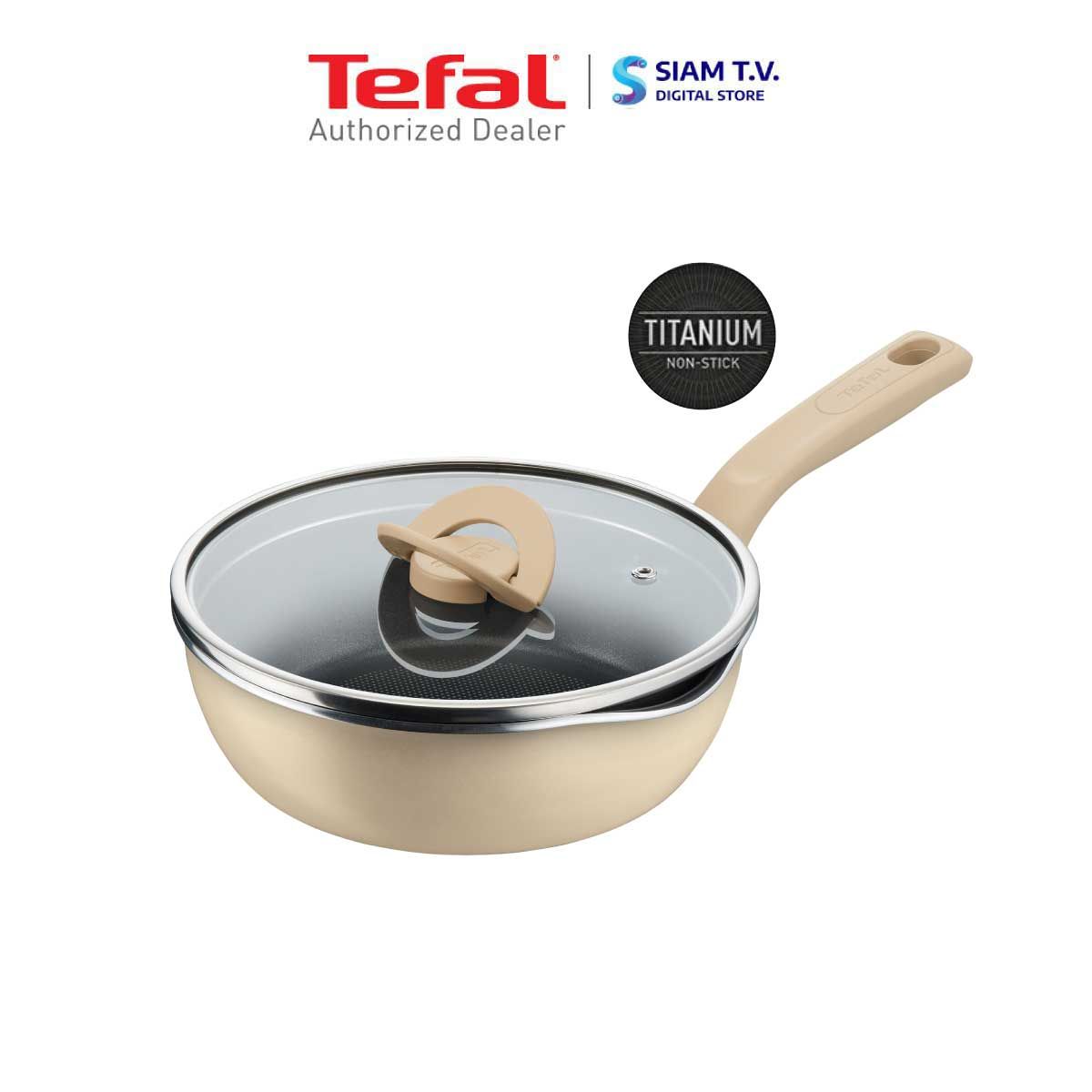 TEFAL กระทะก้นลึกพร้อมฝา ONE PICK POT PAN สีครีม ขนาด 22cm รุ่น G1672524