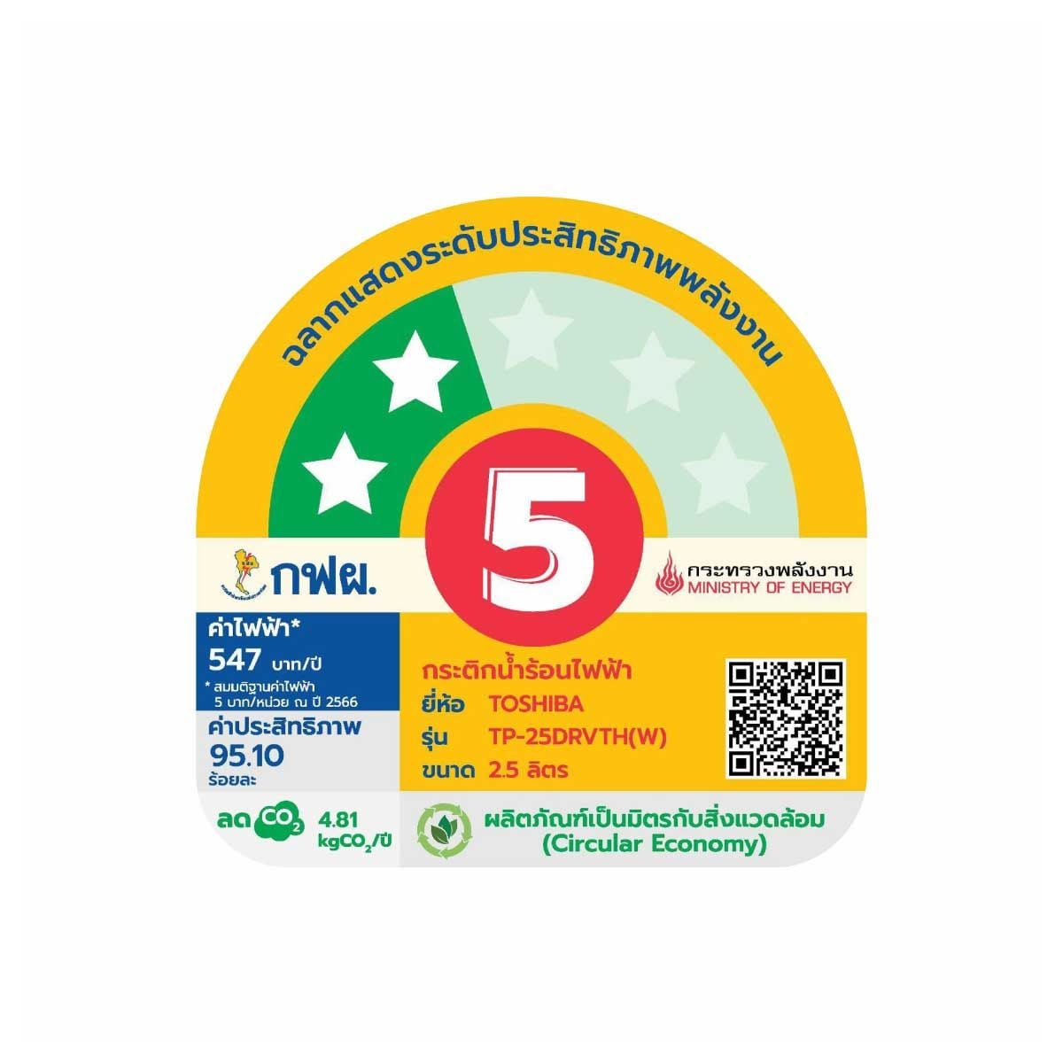 TOSHIBA  กระติกน้ำร้อน2.5 ลิตร รุ่น TP-25DRVTH(W)