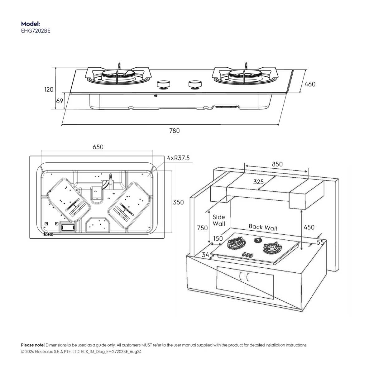 ELECTROLUX เตาแก็สแบบฝัง78CM 2หัว 4.7KW EHG7202BE