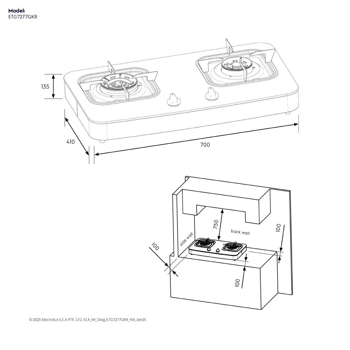 ELECTROLUX  เตาแก๊สตั้งโต๊ะ2หัวเตา กระจกดำ รุ่นETG7277GKR