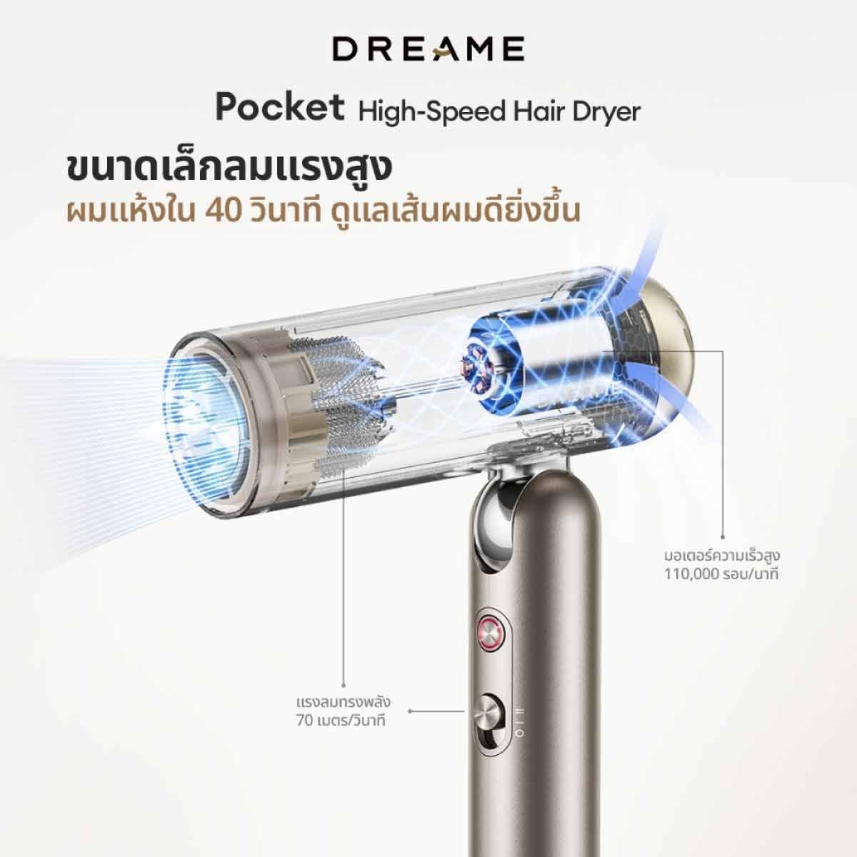 DREAMEไดร์เป่าผม DREAME 1300W สีทอง รุ่น POCKET