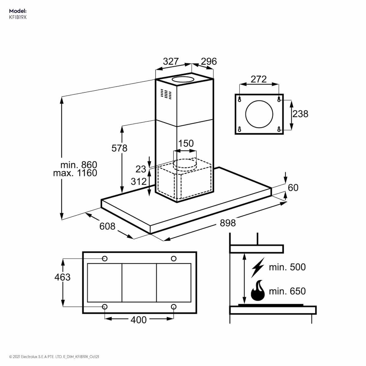 ELECTROLUX เครื่องดูดควันกลางห้อง90CM กำลังดูด740ลบ.ม/ซม KFI B19X