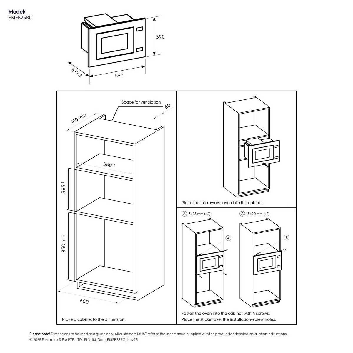 ELECTROLUX ไมโครเวฟ25ลิตร Built-in 900W รุ่นEMFB25BC