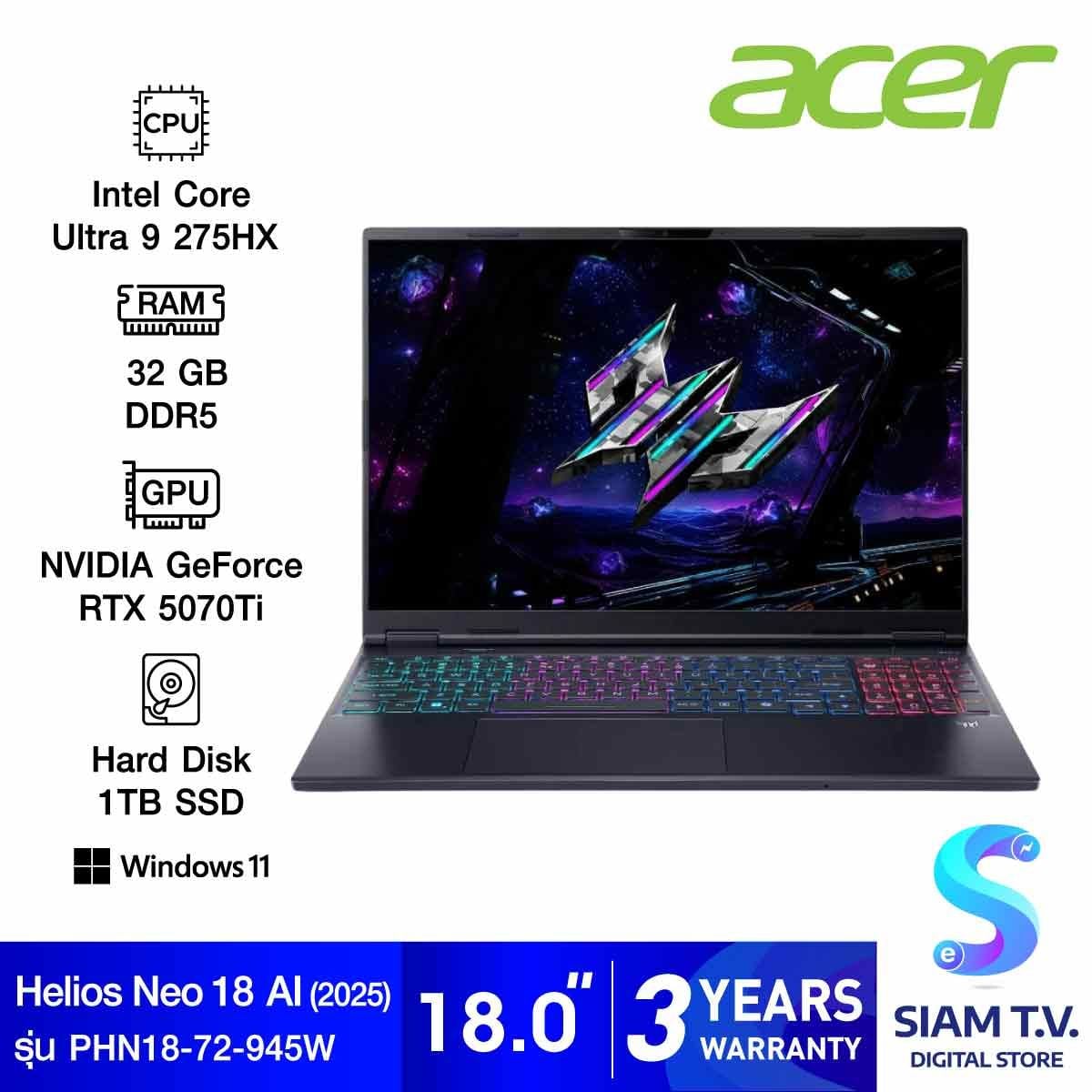 NOTEBOOK (โน้ตบุ๊ค) ACER PREDATOR HELIOS NEO 18 AI PHN18-72-945W (ABYSSAL BLACK)