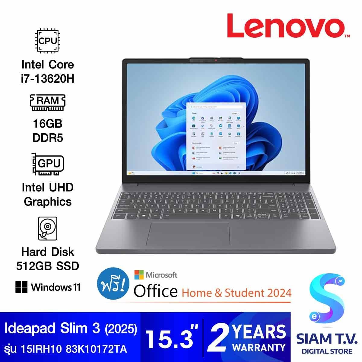 NOTEBOOK (โน้ตบุ๊ค) LENOVO IDEAPAD SLIM 3 15IRH10 83K10172TA (LUNA GREY)