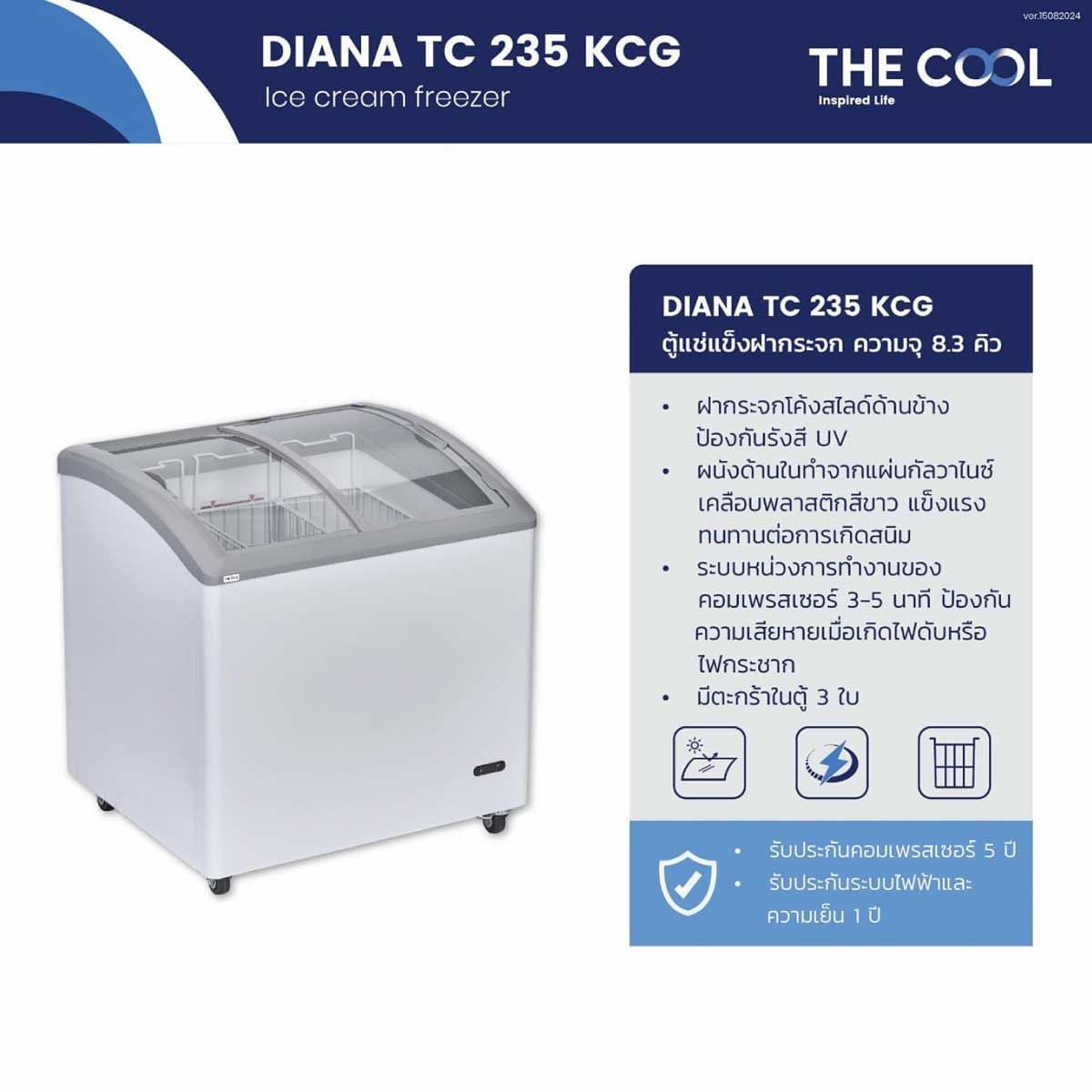 THE COOL ตู้แช่ไอศกรีมกระจกโค้ง 8.3Qnรุ่นnDIANATC235 KCG LED