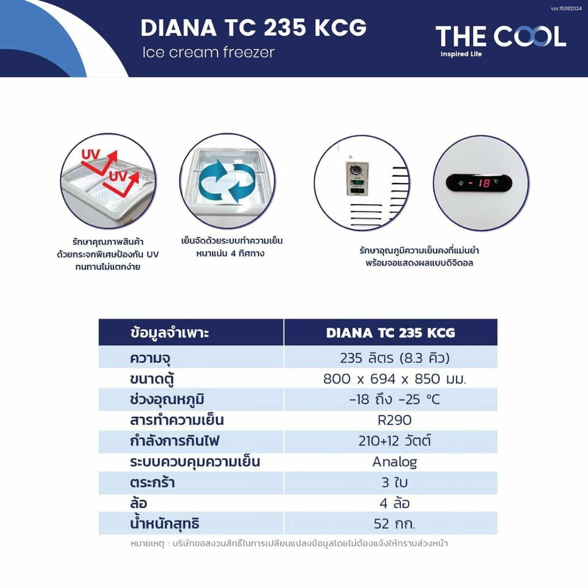 THE COOL ตู้แช่ไอศกรีมกระจกโค้ง 8.3Qnรุ่นnDIANATC235 KCG LED