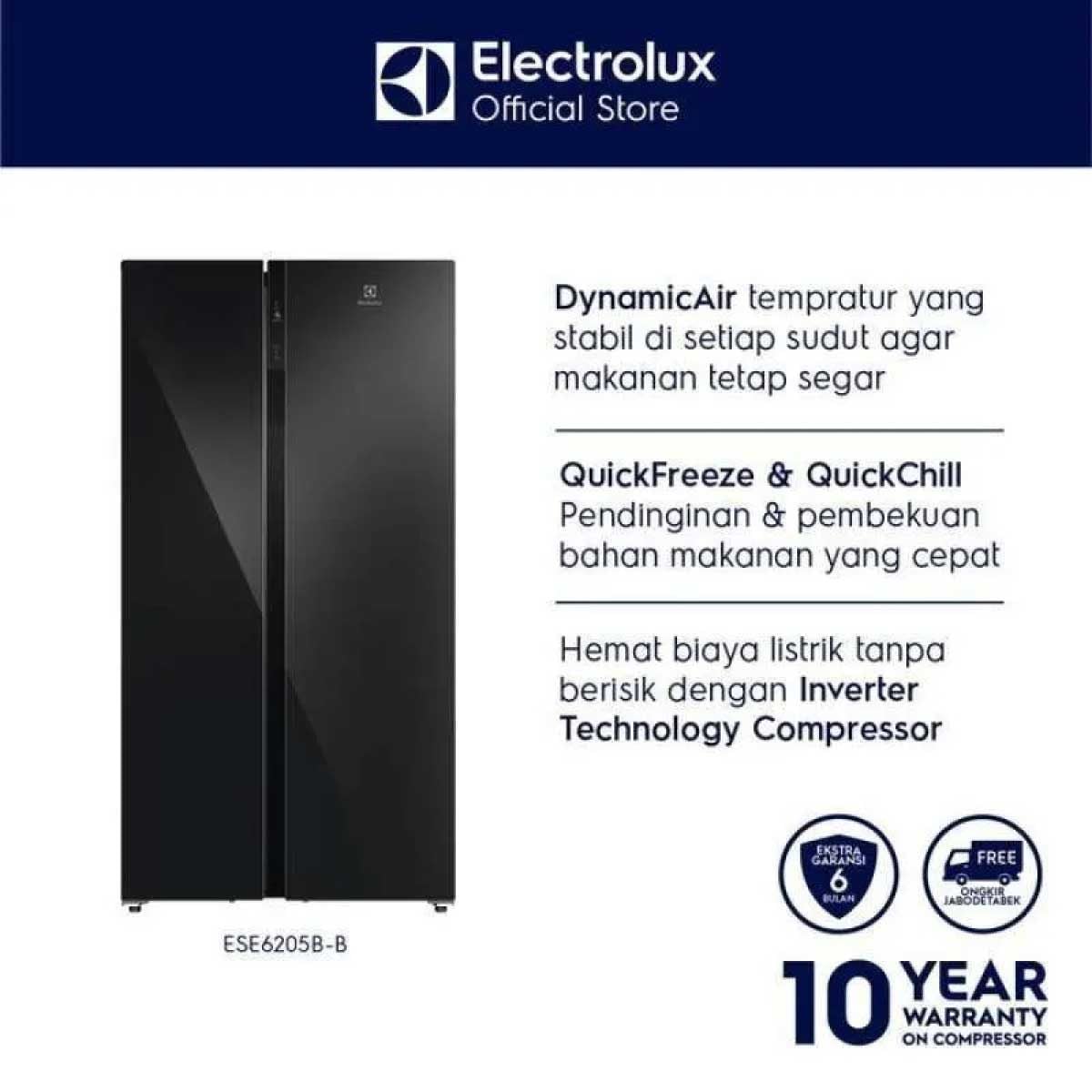 ELECTROLUX ตู้เย็นSIDE BY SIDE22Q INVERTER กระจกดำESE-6205B-B