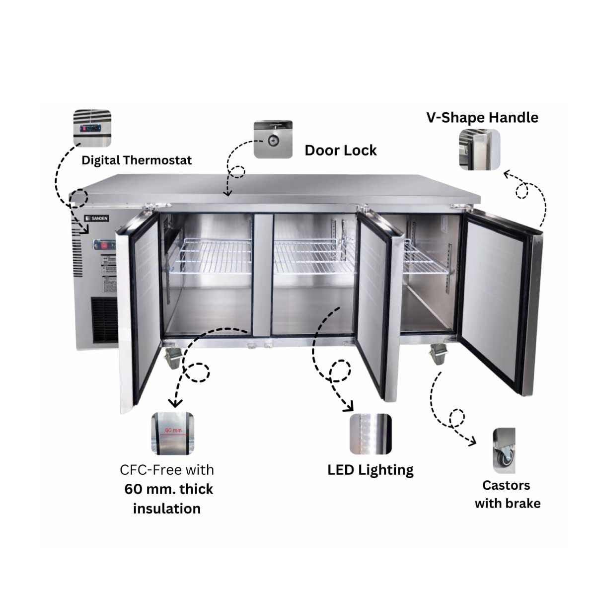 SANDEN  ตู้เคาร์เตอร์สแตนเลส แช่เย็น รุ่น SCC-1802 Chiller