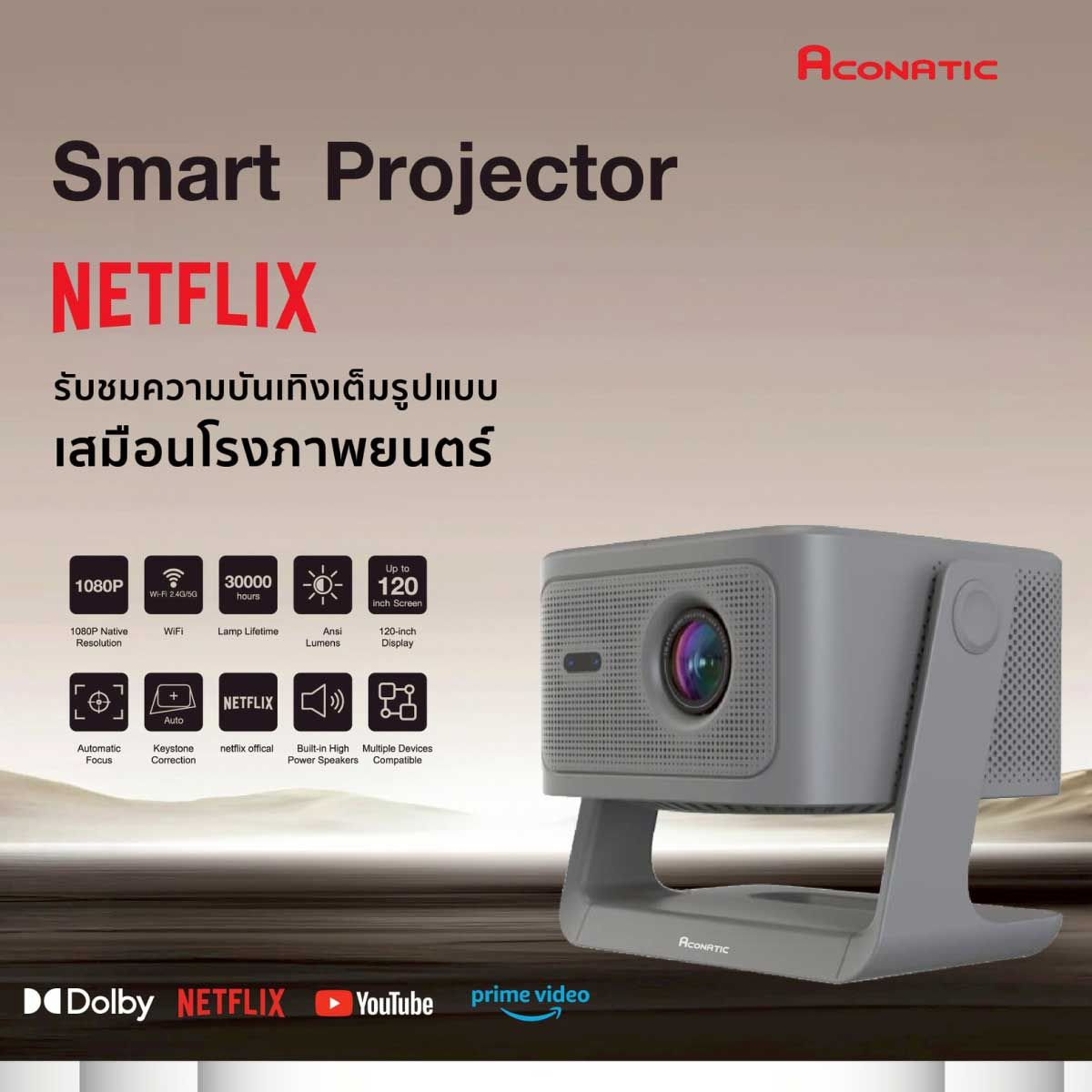 ACONATIC เครื่องฉายโปรเจคเตอร์แบบพกพา รุ่น AN-PJTA2N สีเทา