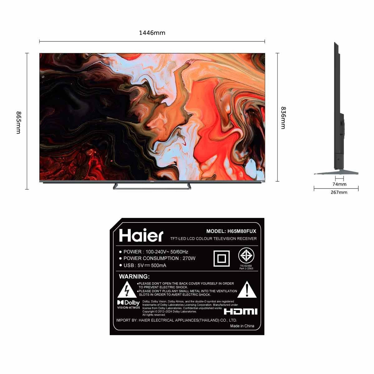 Haier Mini LED Google TV 4K รุ่น H65M80FUX สมาร์ททีวี 65 นิ้ว