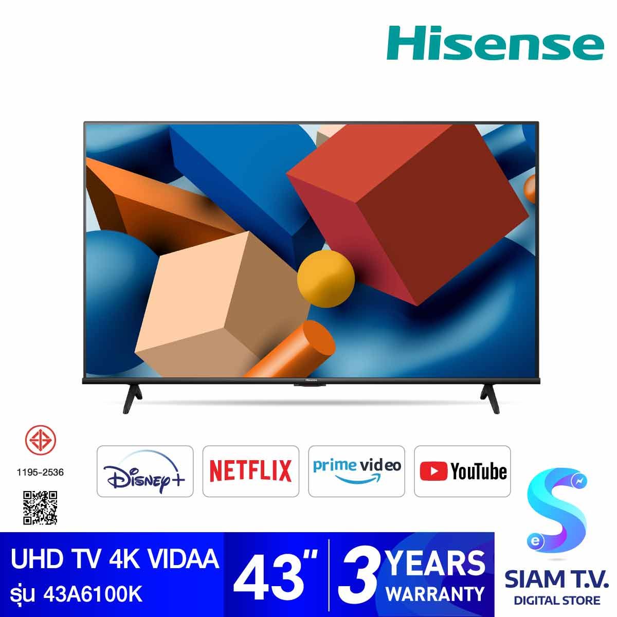 Hisense  LED UHD TV 4K VIDAA  รุ่น  43A6100K สมาร์ททีวี 4K ขนาด 43 นิ้ว
