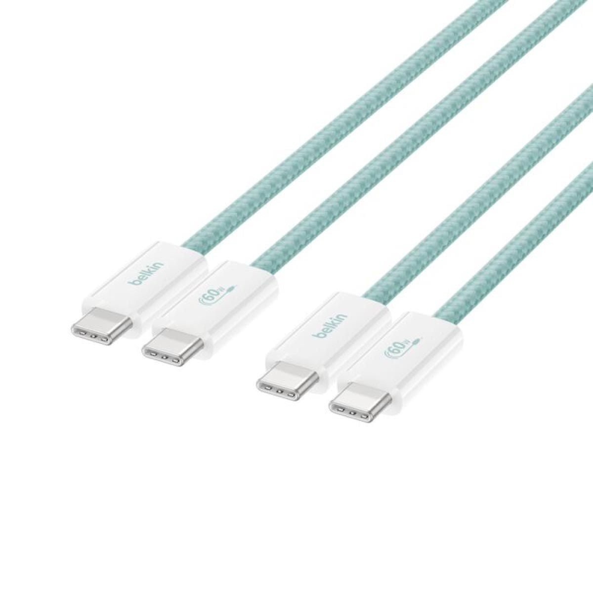 Belkin Charger Cable (สายชาร์จ) Braided Nylon BoostCharge USB-C to USB-C 60W (1.5M) - สีเขียว (2-Pack)