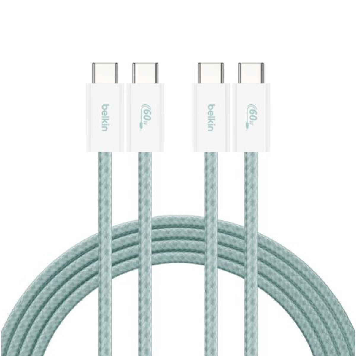 Belkin Charger Cable (สายชาร์จ) Braided Nylon BoostCharge USB-C to USB-C 60W (1.5M) - สีเขียว (2-Pack)
