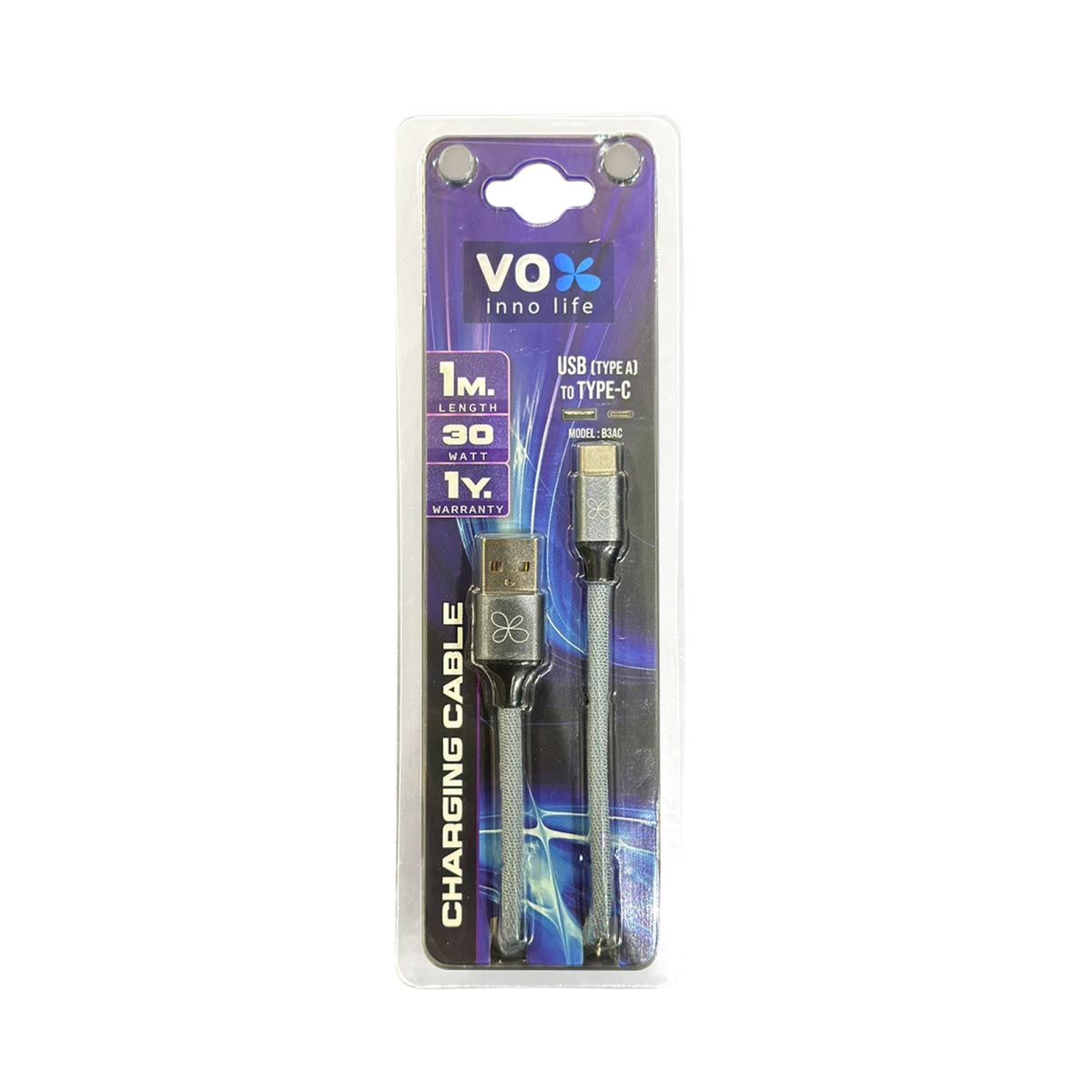 VOX  สายชาร์จVOX 30W แบบถักเอ-ไทป์ซี สีเทา1M รุ่นF5CAB-VXAC-B031