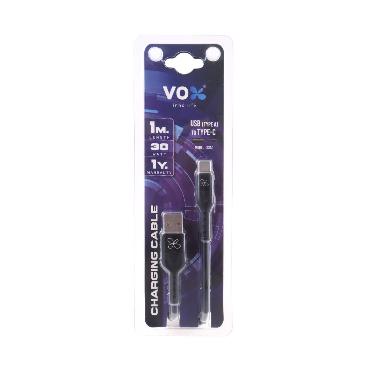 VOX   สายชาร์จVOX 30W ซิลิโคน เอ-ไทป์ซี สีดำ1M รุ่นF5CAB-VXAC-S011