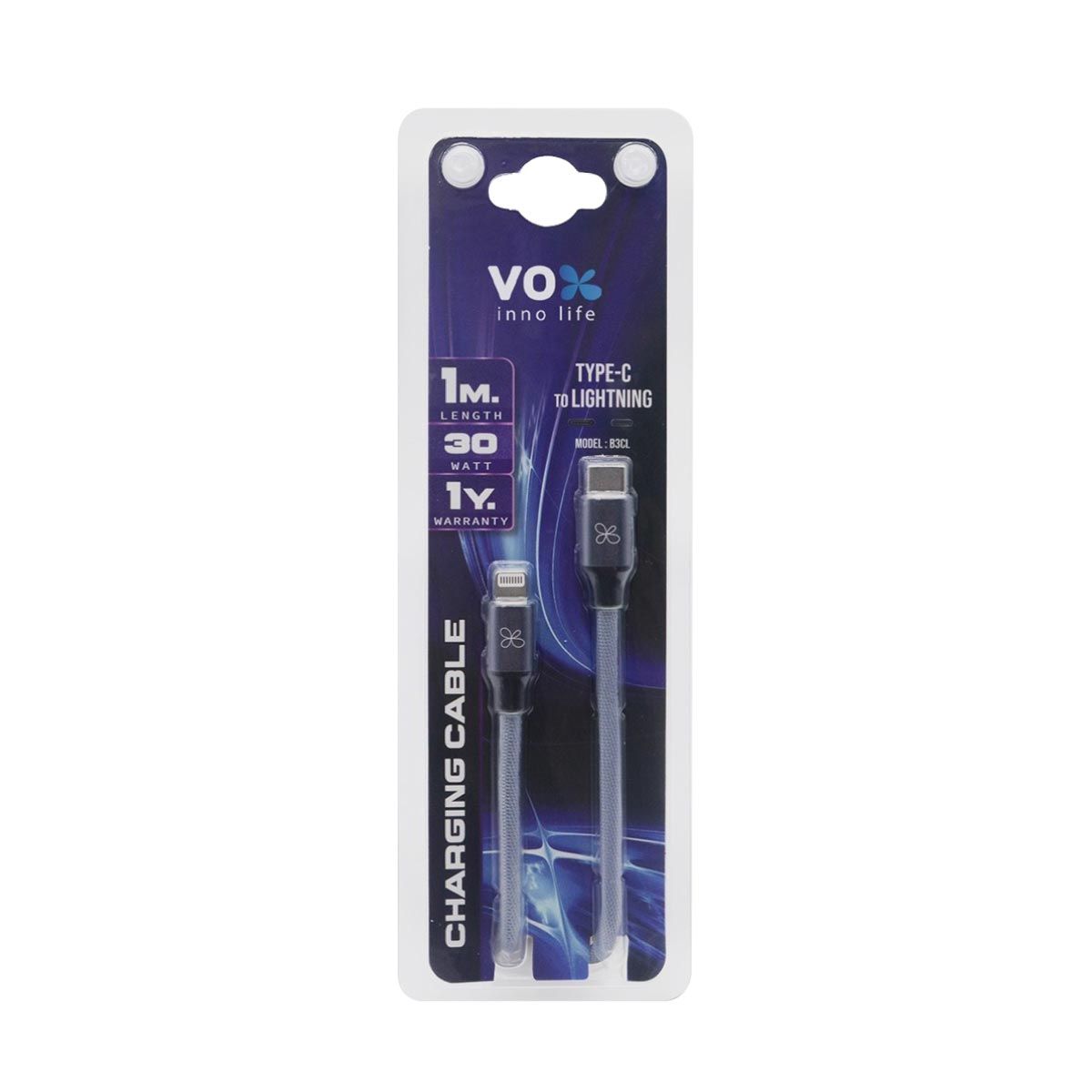 VOX  สายชาร์จVOX 30W แบบถักไทป์ซี-ไลท์ติ้ง สีเทา1M รุ่นF5CAB-VXCL-B031