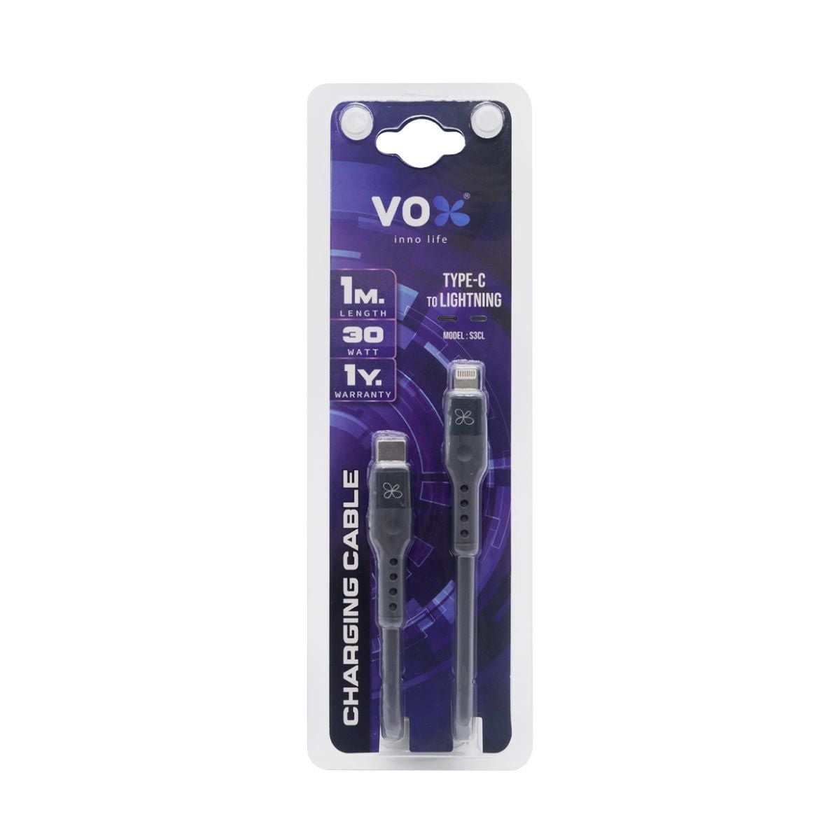 VOX  สายชาร์จVOX 30W ซิลิโคน ไทป์ซี-ไลท์ติ้ง สีเทา1M รุ่นF5CAB-VXCL-S031