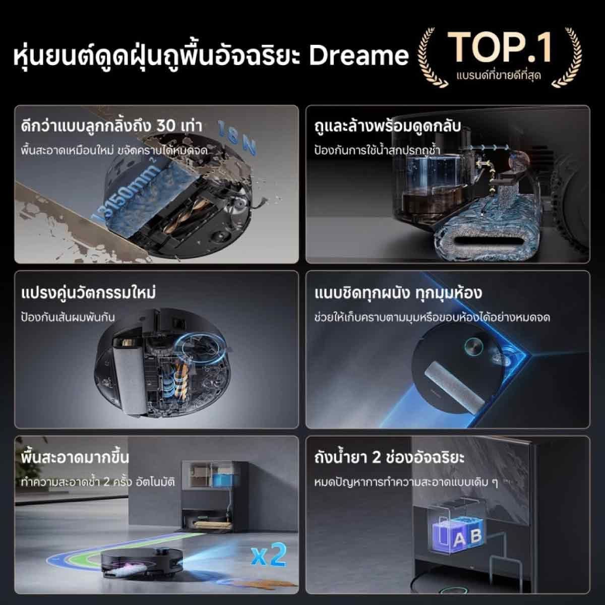DREAME เครื่องดูดฝุ่น-ถูพื้น ล้างน้ำร้อน40องศา แรงดูด25000Pa สีดำ รุ่นAqua10Pro Track