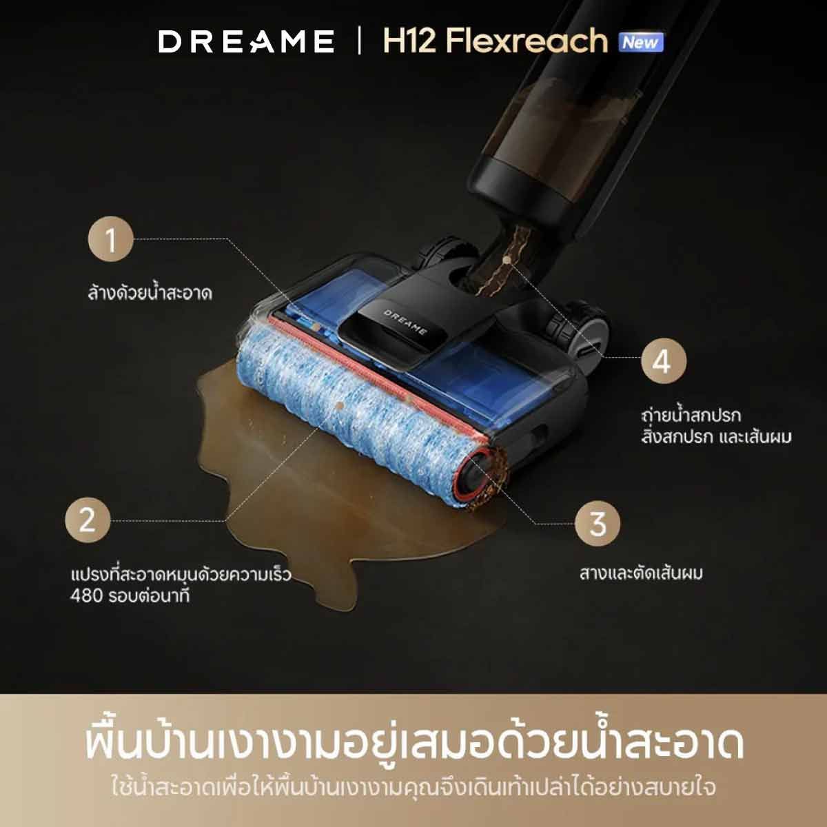 DREAME   เครื่องดูดฝุ่น-ถูพื้น แบบล้างน้ำร้อน90องศา แรงดูด18000Pa รุ่น H12 FlexReach