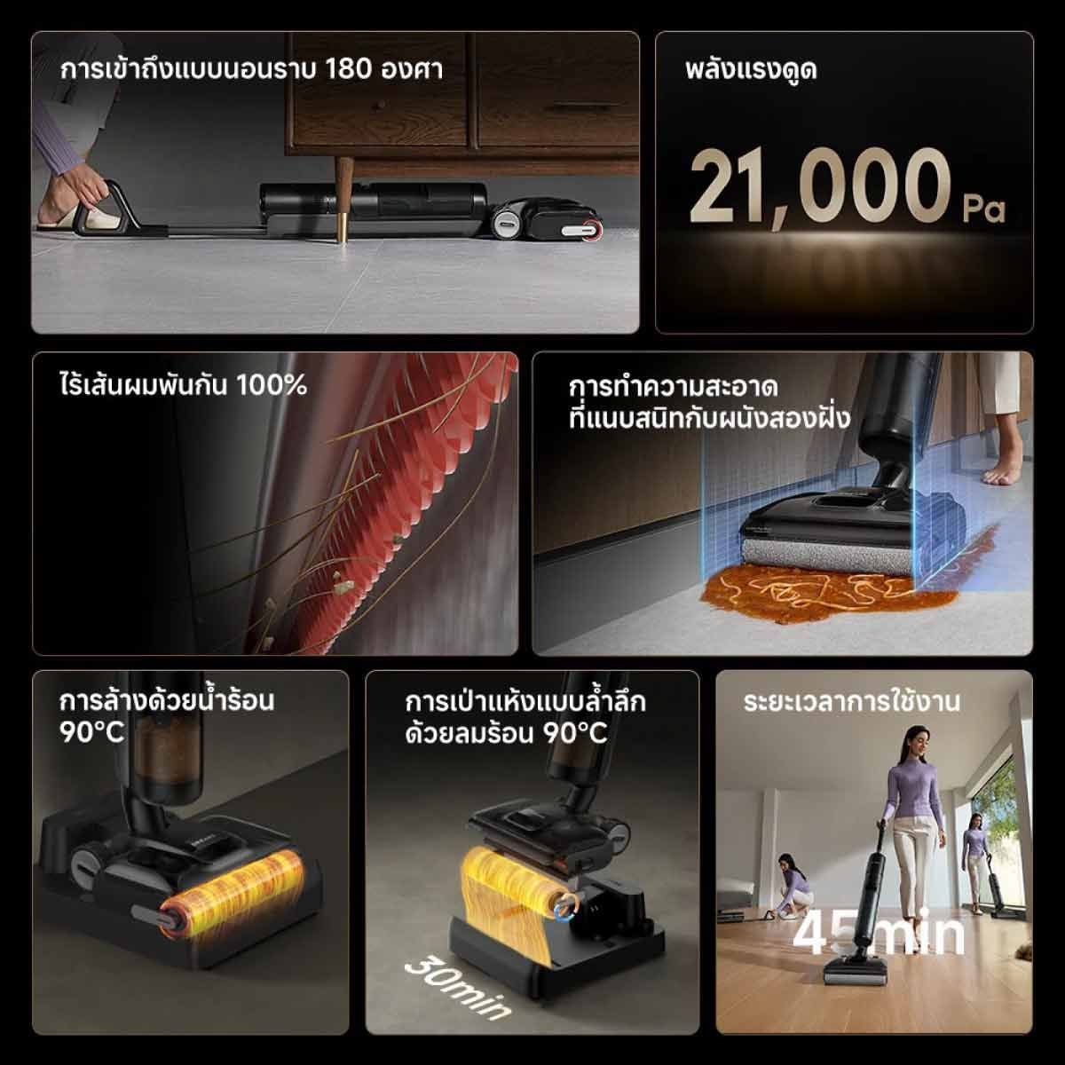 DREAME เครื่องดูดฝุ่น-ถูพื้นDREAMEล้างน้ำร้อน 90องศา แรง ดูด21,000Pa รุ่นH12S FlexReach